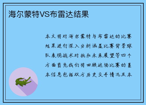 海尔蒙特VS布雷达结果